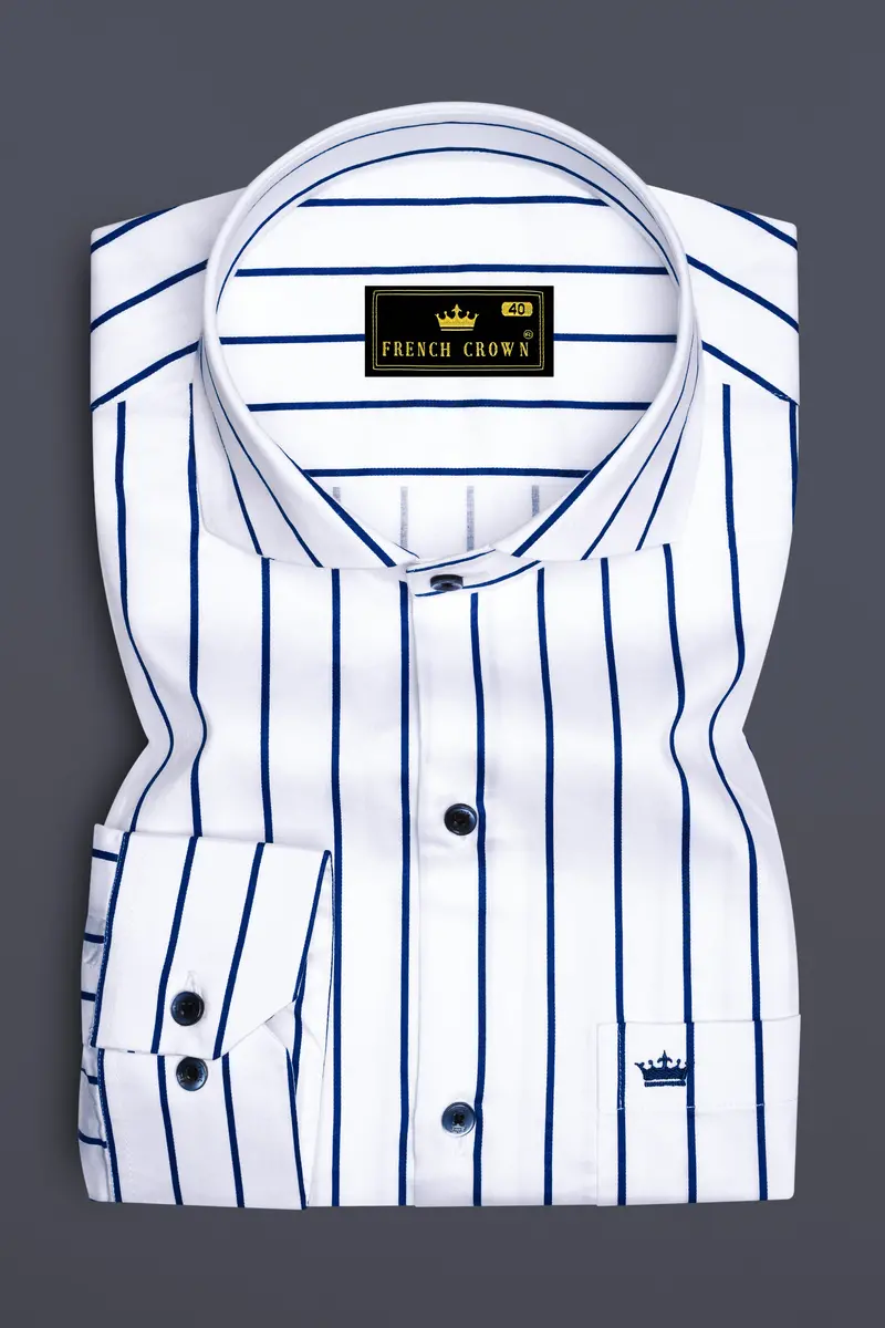 Lustrivon-Bright White And Downriver Blue Pin Striped Subtle Sheen Super Soft Premium Cotton Cut Away Collar Dress Shirt 4