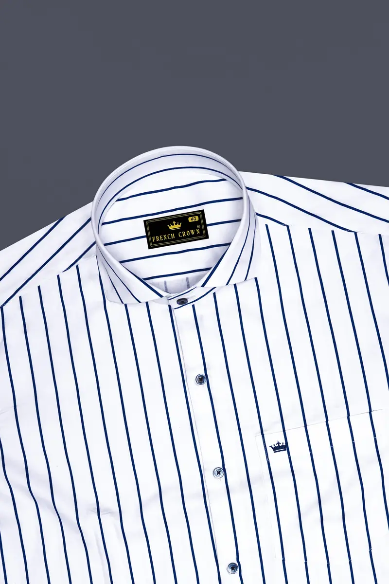 Lustrivon-Bright White And Downriver Blue Pin Striped Subtle Sheen Super Soft Premium Cotton Cut Away Collar Dress Shirt 5