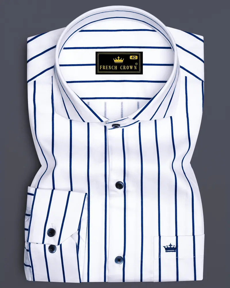 Lustrivon-Bright White And Downriver Blue Pin Striped Subtle Sheen Super Soft Premium Cotton Cut Away Collar Dress Shirt 6