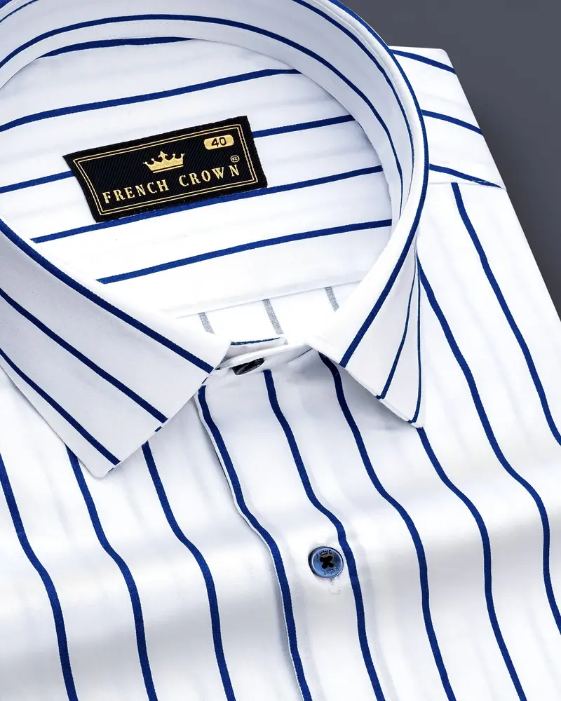 Lustrivon-Bright White And Downriver Blue Pin Striped Subtle Sheen Super Soft Premium Cotton Dress Shirt 1
