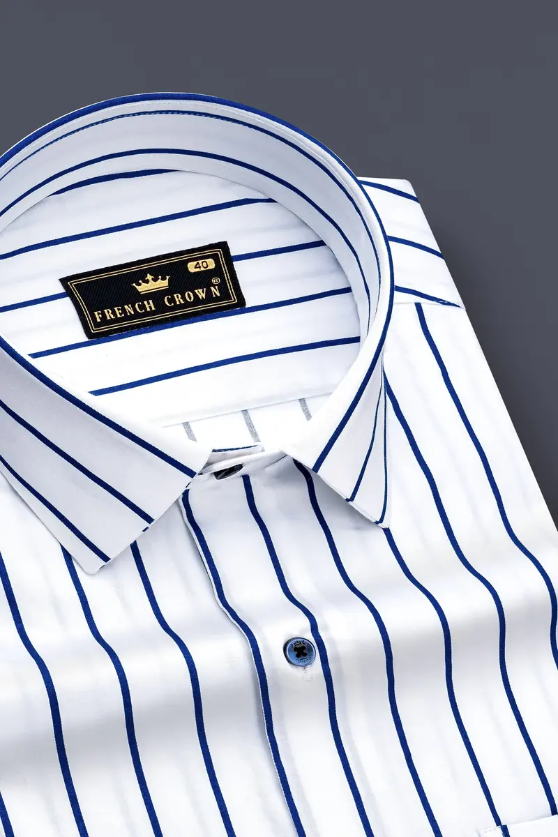 Lustrivon-Bright White And Downriver Blue Pin Striped Subtle Sheen Super Soft Premium Cotton Dress Shirt 2