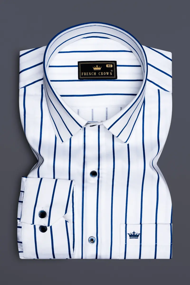 Lustrivon-Bright White And Downriver Blue Pin Striped Subtle Sheen Super Soft Premium Cotton Dress Shirt 4