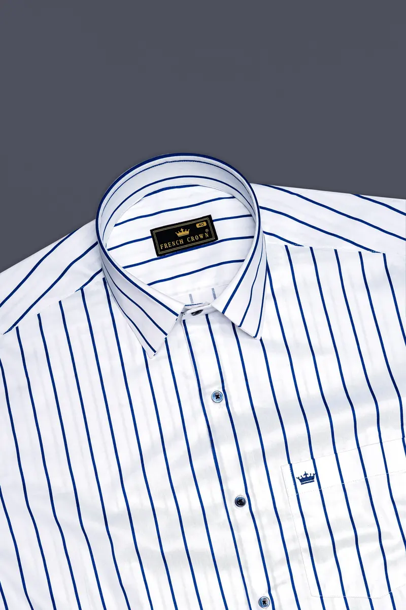 Lustrivon-Bright White And Downriver Blue Pin Striped Subtle Sheen Super Soft Premium Cotton Dress Shirt 5
