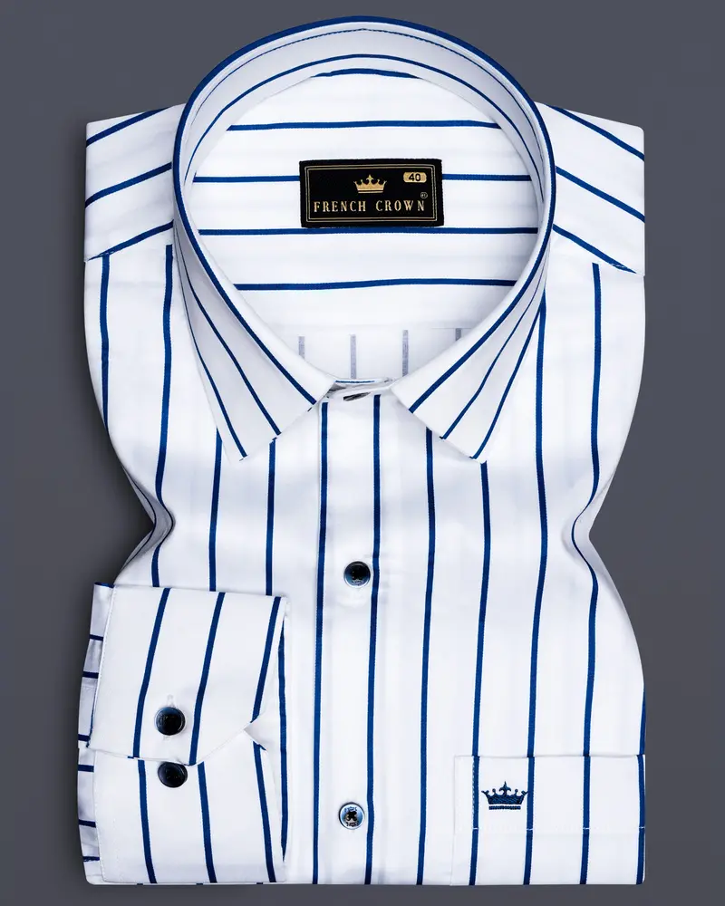 Lustrivon-Bright White And Downriver Blue Pin Striped Subtle Sheen Super Soft Premium Cotton Dress Shirt 6