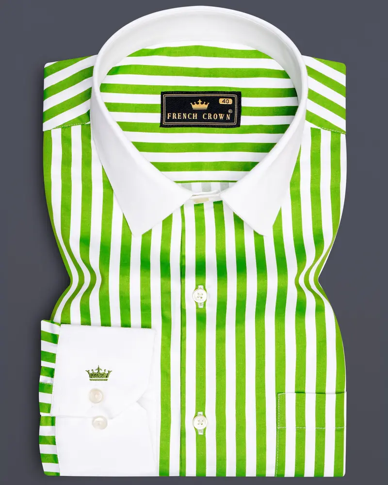 Lustrivon-Citrus Green And Bright White Candy Striped Subtle Sheen Super Soft Premium Cotton White Cuff Collar Dress Shirt 1