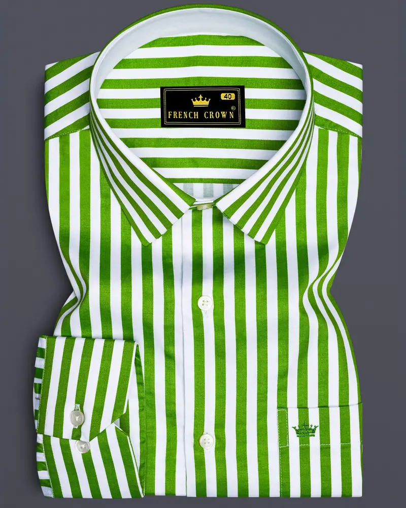 Lustrivon-Citrus Green And Bright White Candy Striped Super Soft Premium Cotton Dress Shirt 6