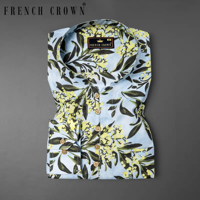 Mabel Blue Leaves Printed Premium Cotton Kurta Shirt 1