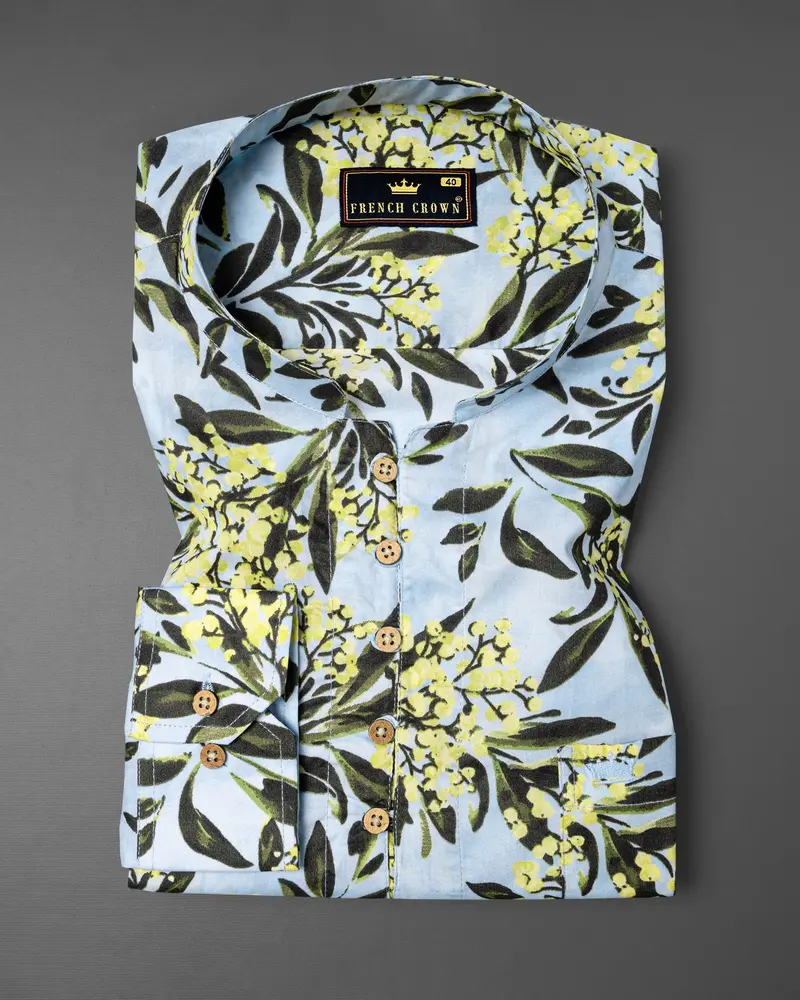 Mabel Blue Leaves Printed Premium Cotton Kurta Shirt 2
