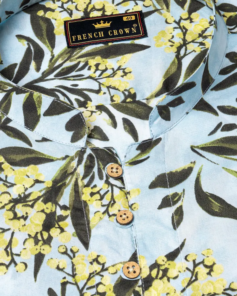 Mabel Blue Leaves Printed Premium Cotton Kurta Shirt 4