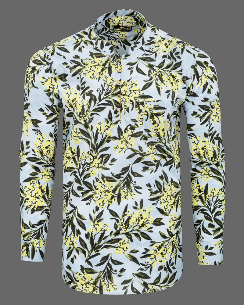 Mabel Blue Leaves Printed Premium Cotton Kurta Shirt 6