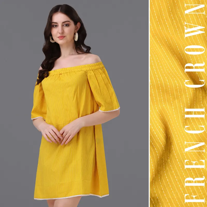 Macaroni Yellow Pinstriped Super Soft Premium Cotton Off-Shoulder Dress 1