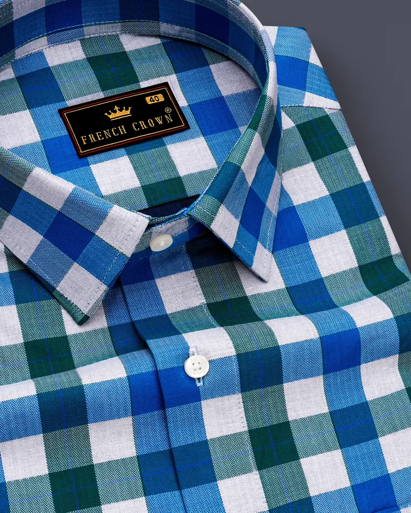 Mackerel Blue And Surfie Green Checkered Herringbone Premium Cotton Shirt 1