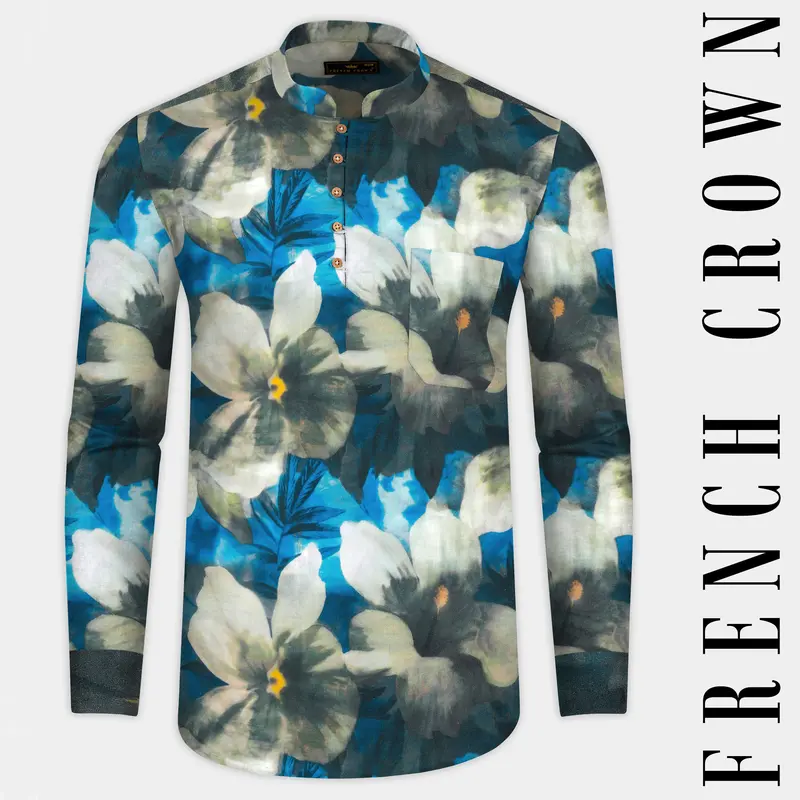 Mackerel Blue Floral Printed Premium Cotton Kurta Shirt 1