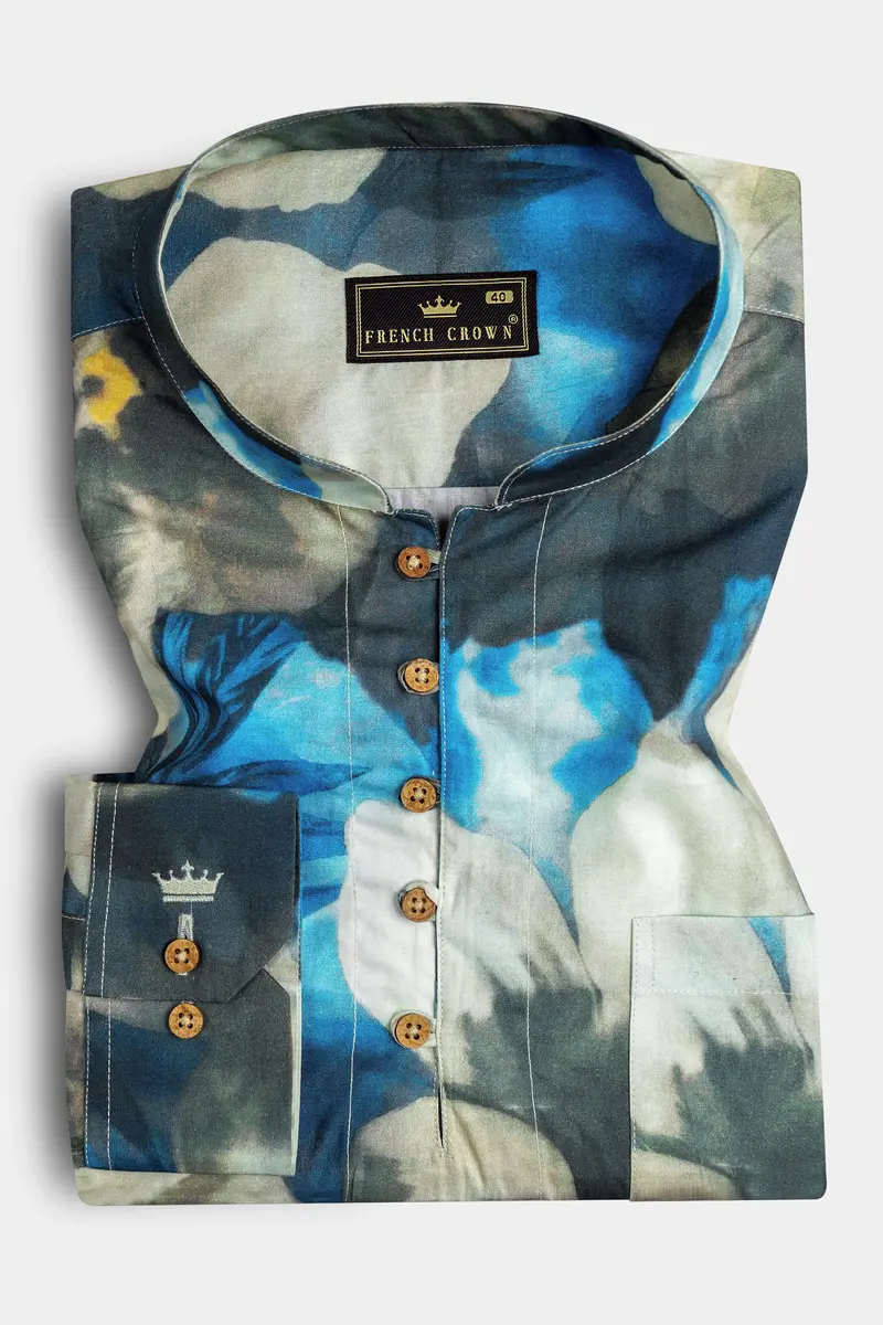 Mackerel Blue Floral Printed Premium Cotton Kurta Shirt 2