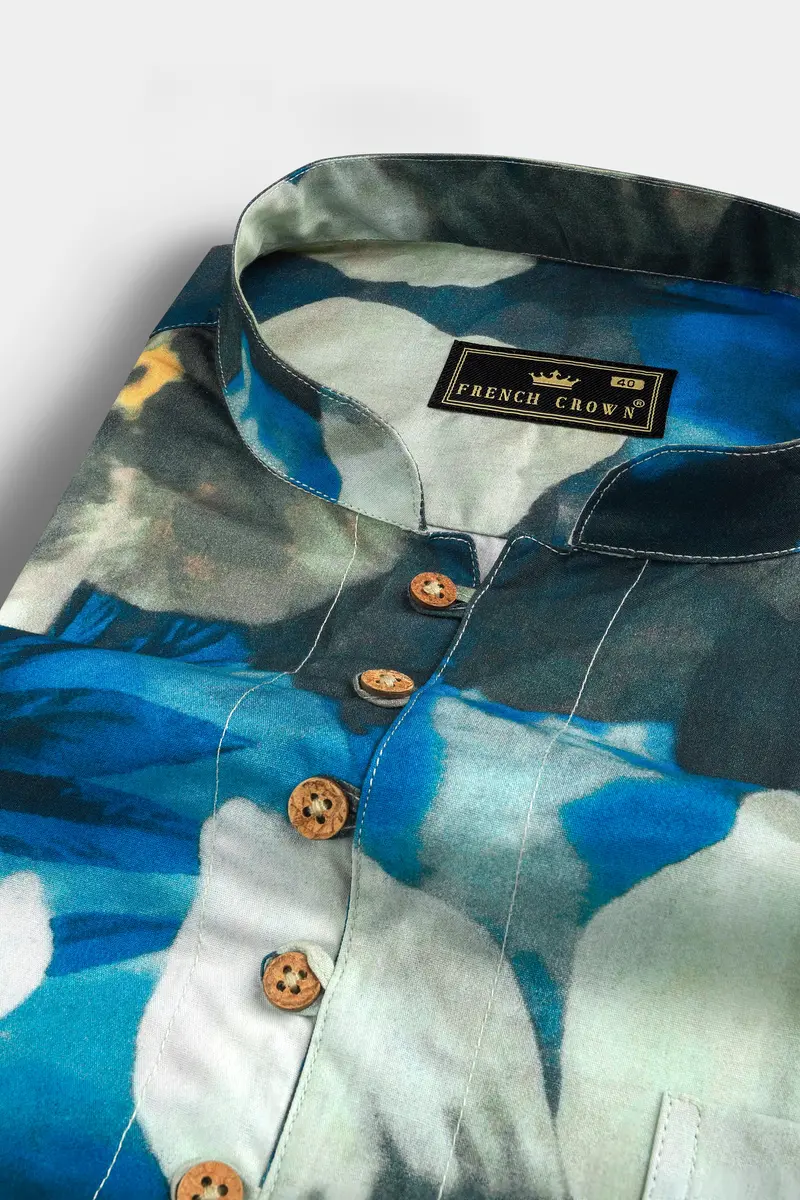 Mackerel Blue Floral Printed Premium Cotton Kurta Shirt 4