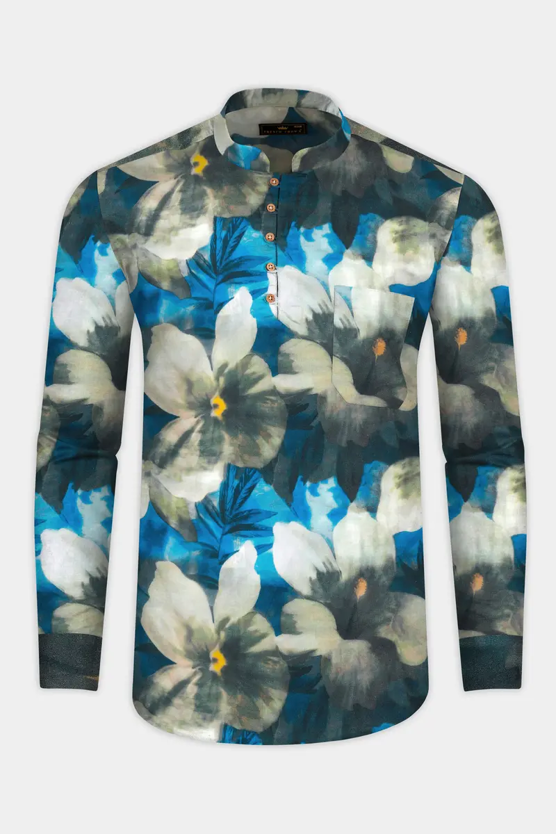 Mackerel Blue Floral Printed Premium Cotton Kurta Shirt 5