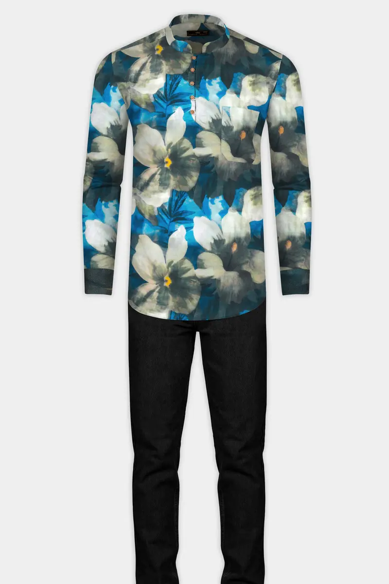 Mackerel Blue Floral Printed Premium Cotton Kurta Shirt 7