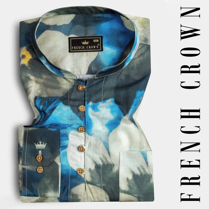 Mackerel Blue Floral Printed Premium Cotton Kurta Shirt 8