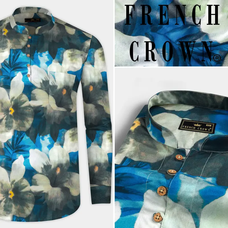 Mackerel Blue Floral Printed Premium Cotton Kurta Shirt 9