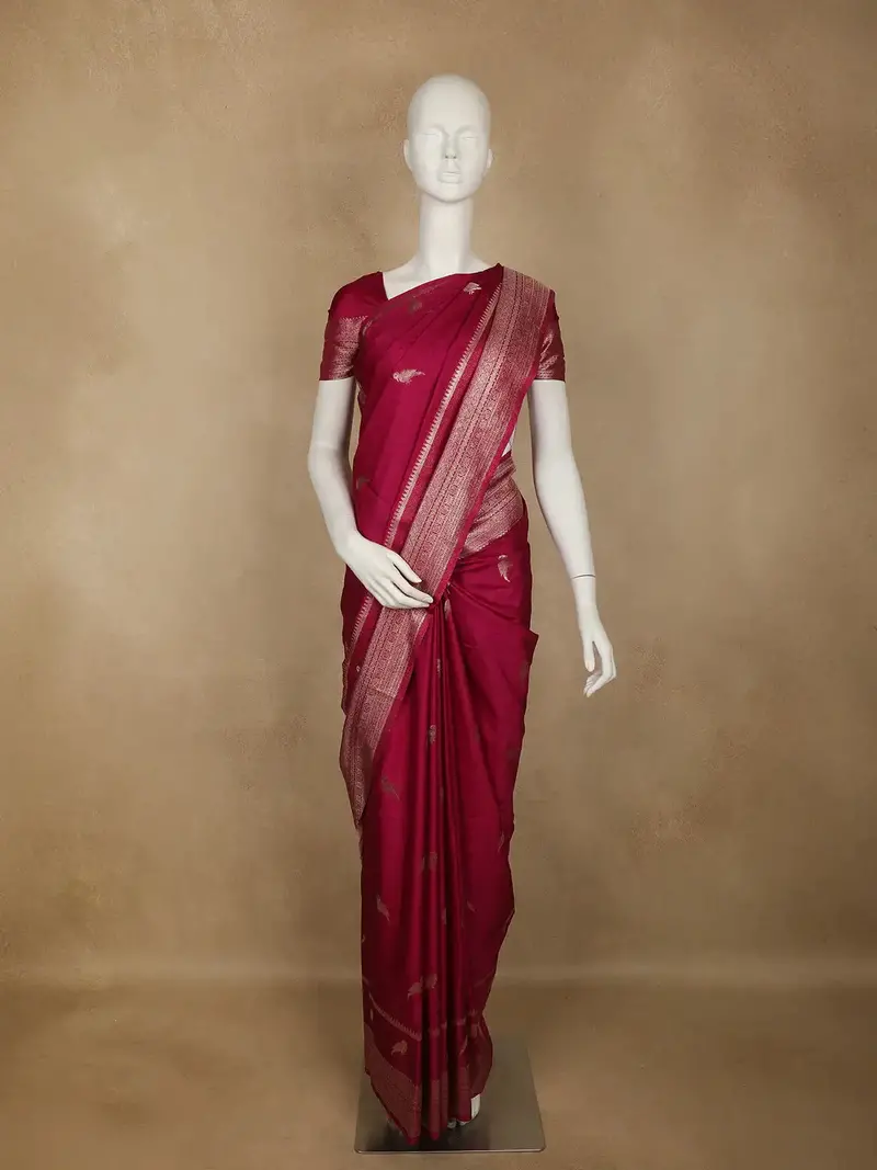 Magenta Bird Design Raw Silk Saree 1