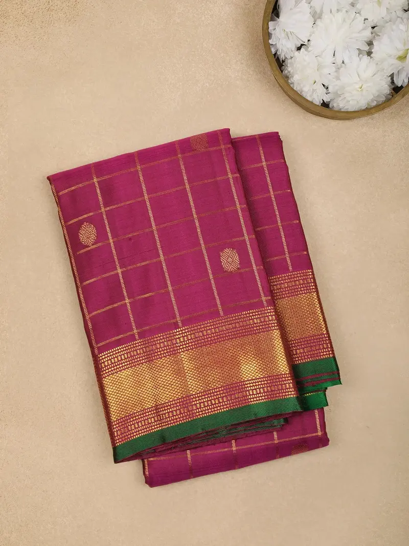 Magenta Checked Designs Pure Kanchipuram Silk Saree 1