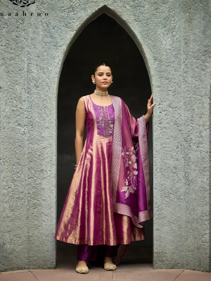 Magenta Floral Embroidered Tissue Silk Anarkali Salwar Suit 1