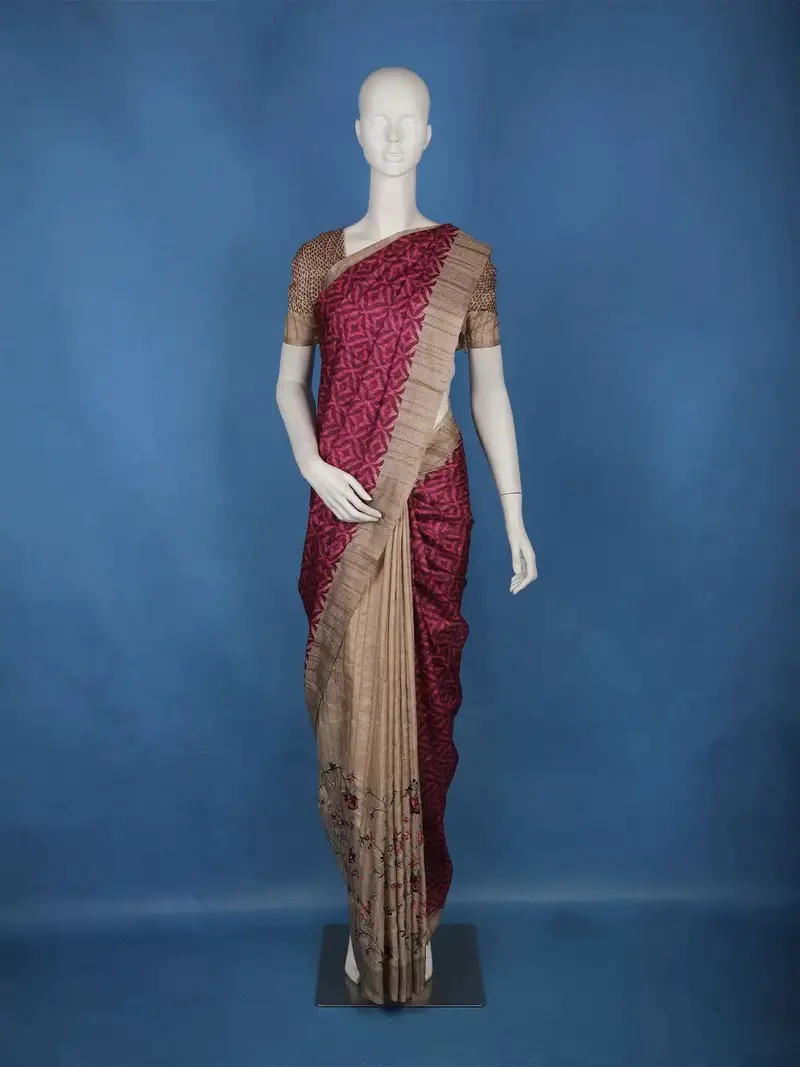 Magenta Geometric Design Semi Tussar Silk Saree With Contrast Pallu 1