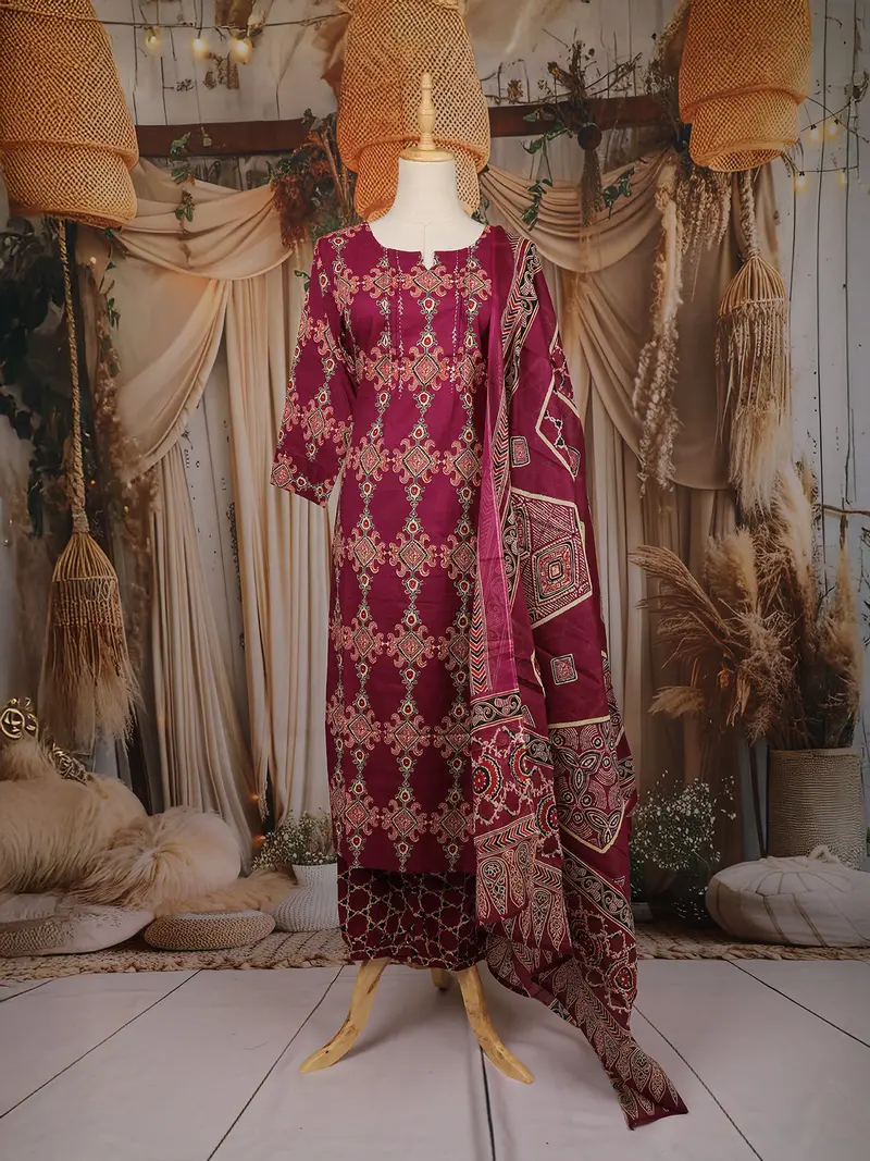 Magenta Geometric Printed Cotton Salwar Suit With Matching Dupatta 1