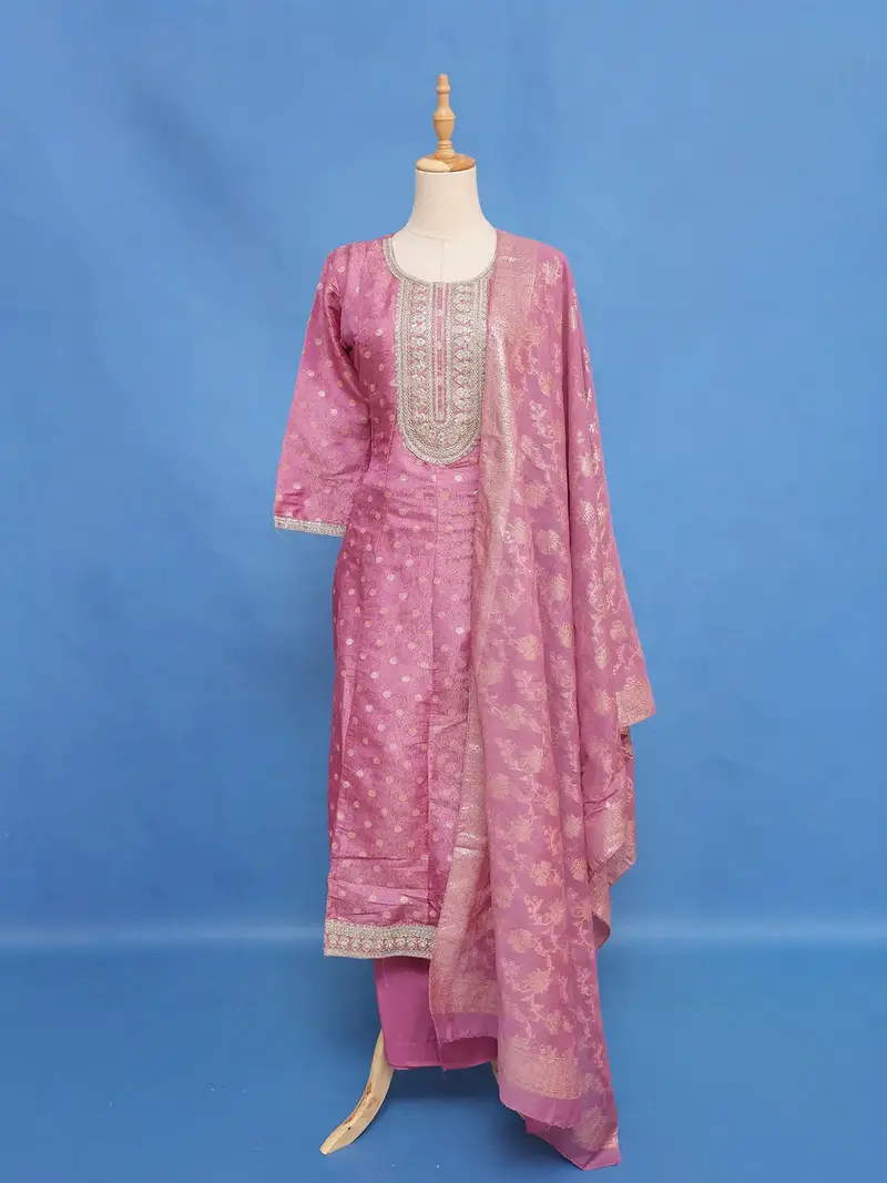 Magenta Pink Butta Design Semi Silk Anarkali Salwar Suit 1