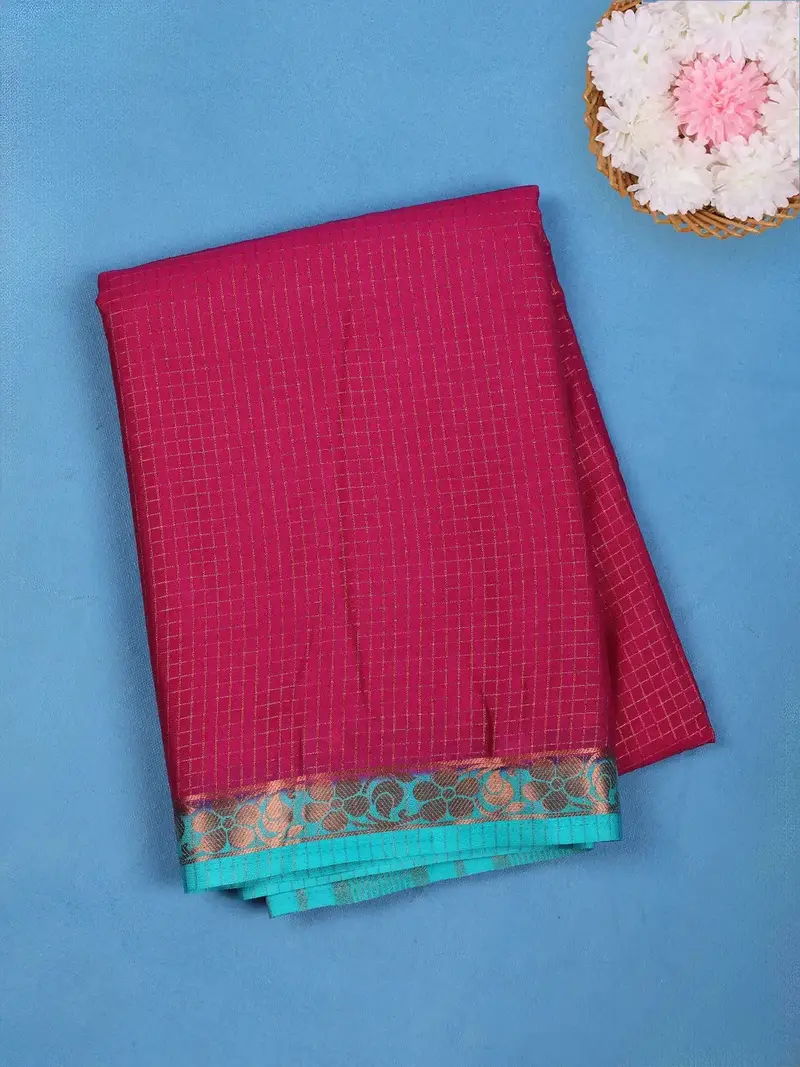 Magenta Pink Checked Mysore Silk Saree With Turquoise Zari Border 1