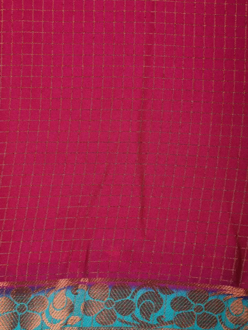 Magenta Pink Checked Mysore Silk Saree With Turquoise Zari Border 2