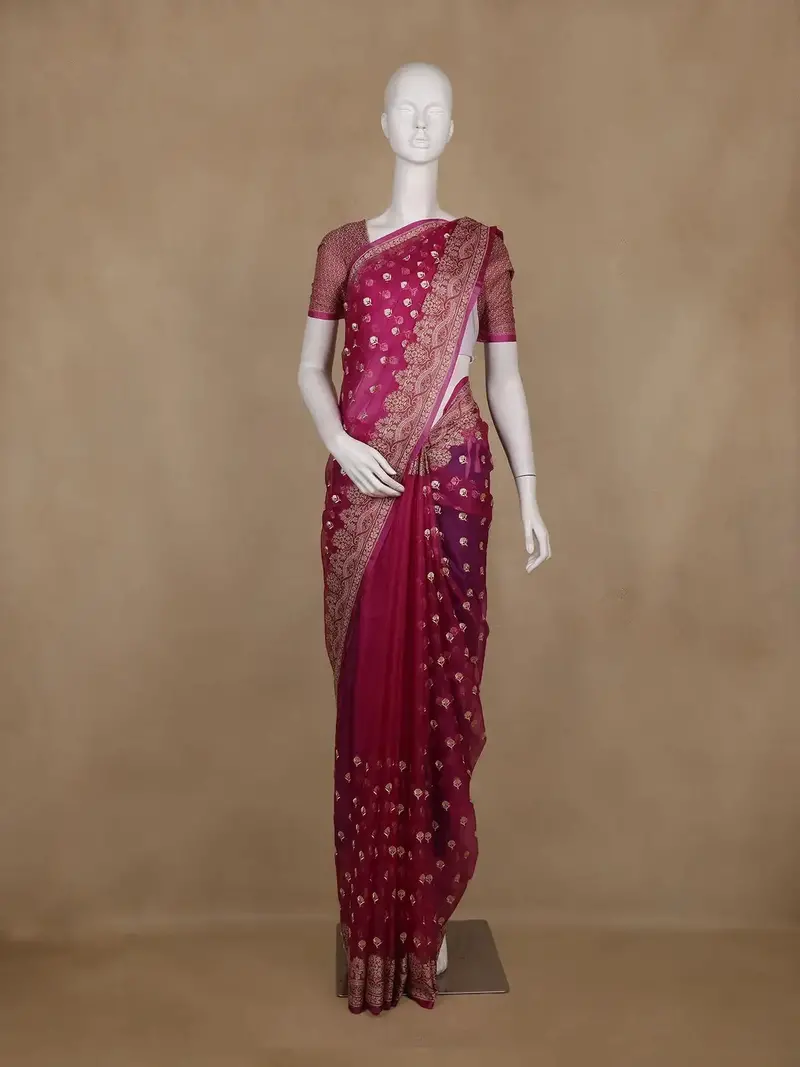 Magenta Pink Floral Design Silk Cotton Saree 1