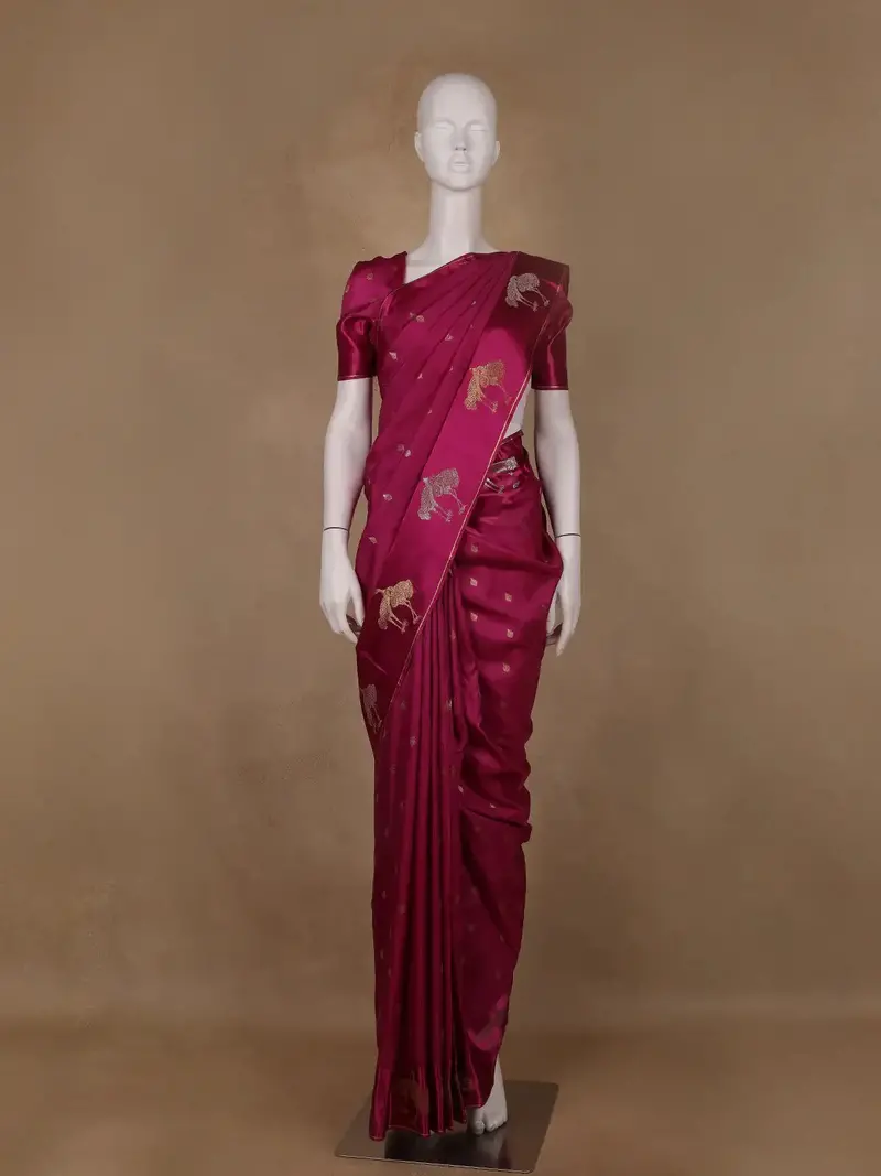 Magenta Pink Leaf Design Tussar Silk Saree 1