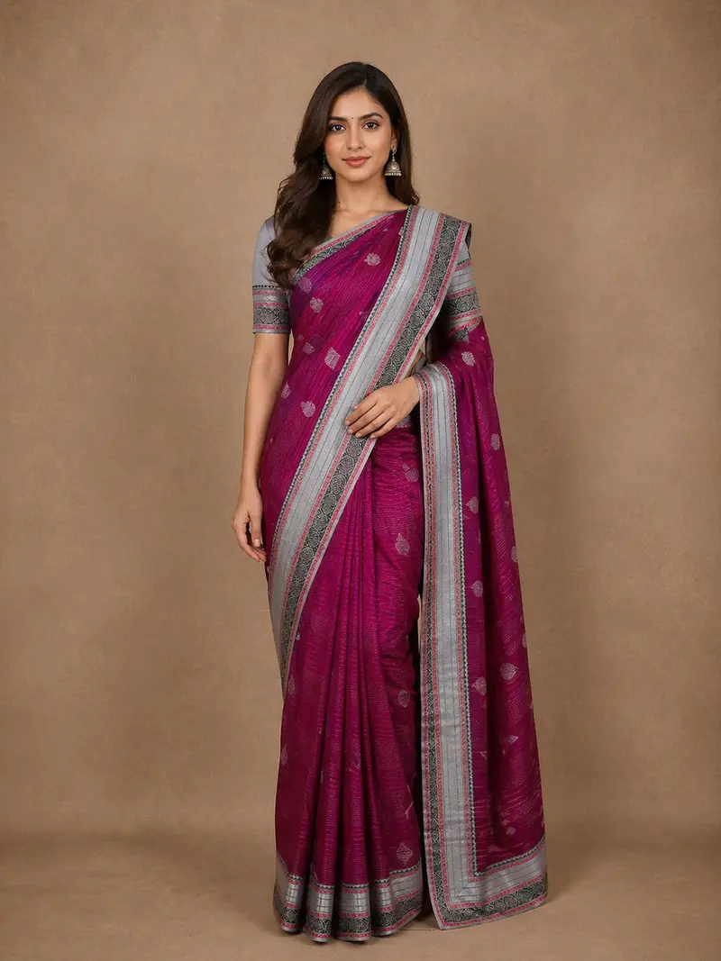 Magenta Pink Striped Design Pure Kanchipuram Silk Saree With Zari Border 1