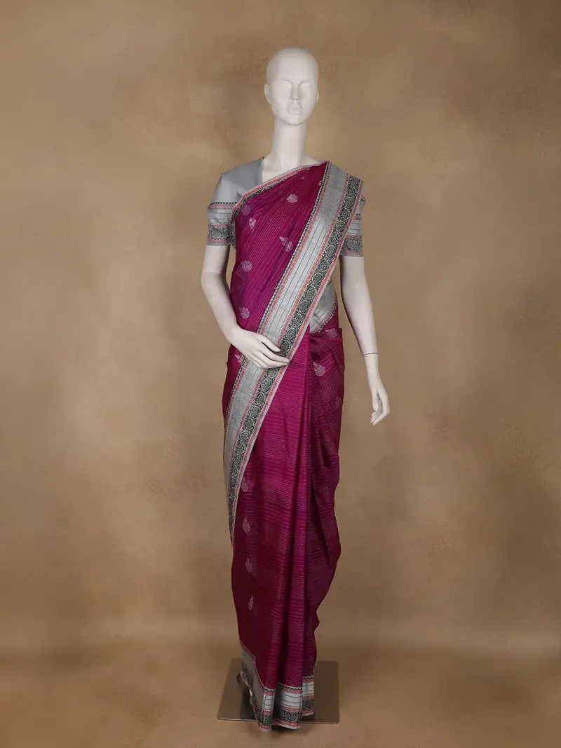 Magenta Pink Striped Design Pure Kanchipuram Silk Saree With Zari Border 2