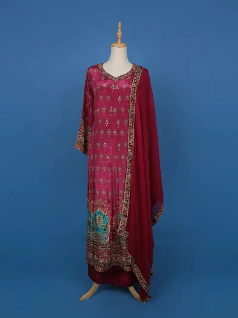 Magenta Printed Straight Cut Salwar Suit With Mirror Embellishments 1