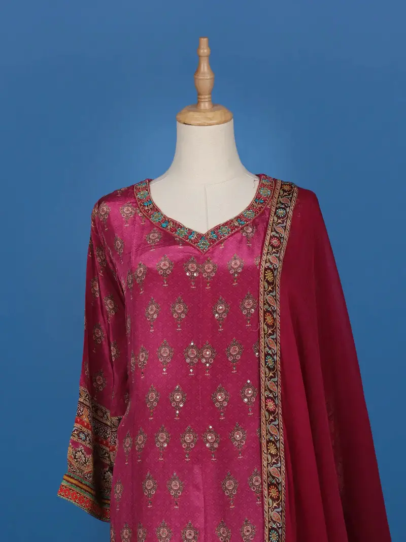 Magenta Printed Straight Cut Salwar Suit With Mirror Embellishments 2