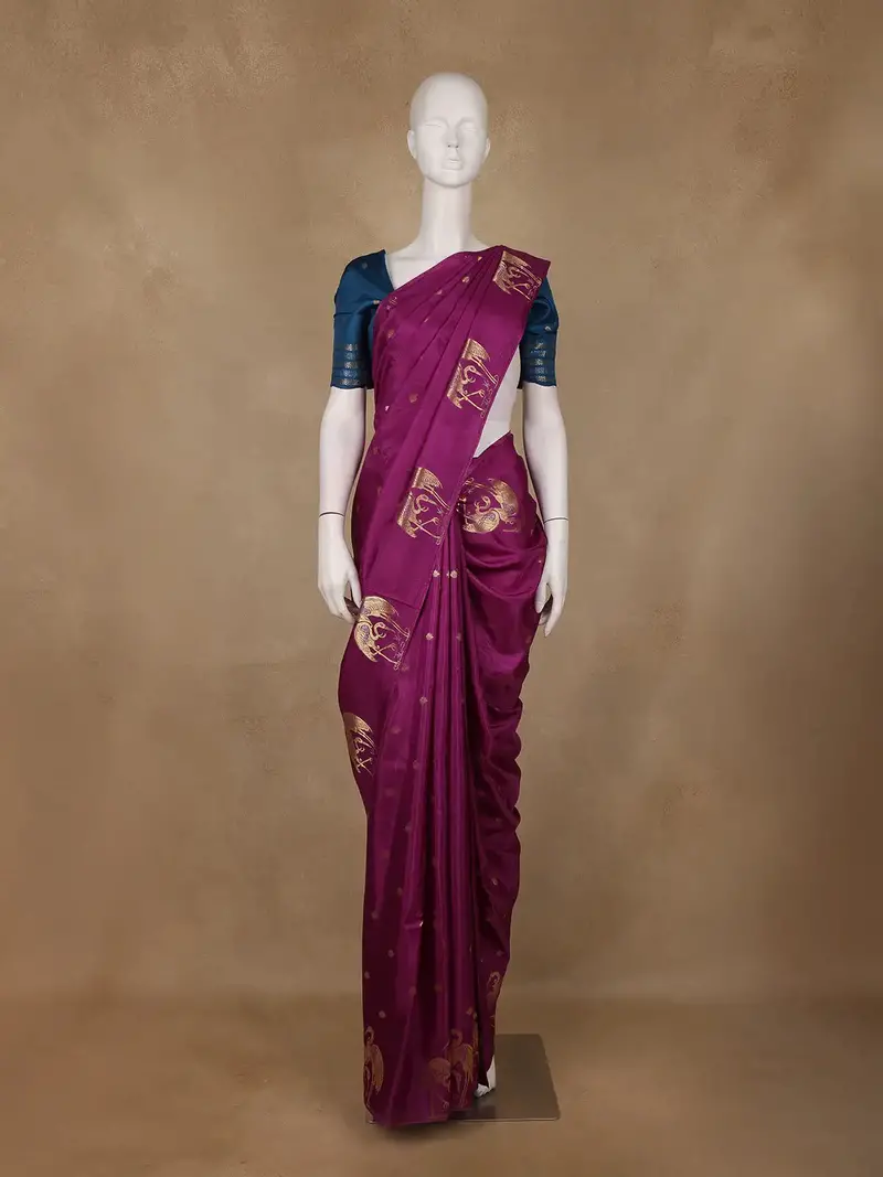 Magenta Purple Bird Motif Design Semi Banarasi Silk Saree 1
