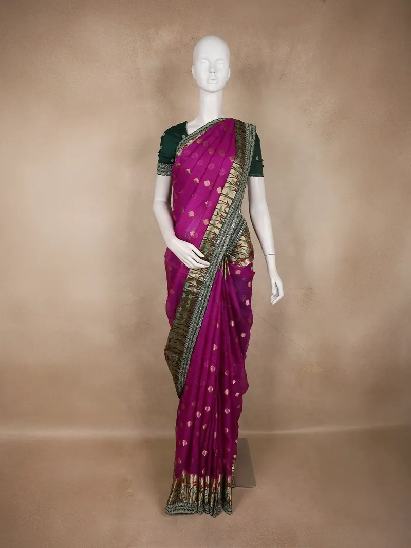 Magenta Purple Butta Woven Design Chiffon Designer Saree Contrast Border 1