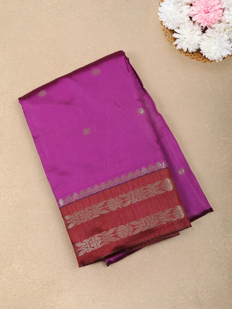 Magenta Purple Butta Woven Design Soft Silk Fancy Wear Saree With Contrast Zari Border 1