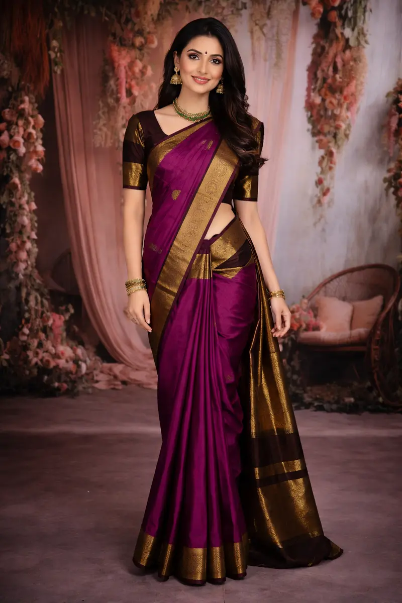 Magenta Purple Butta Zari Woven Design Pure Kanchipuram Silk Saree With Contrast Double Zari Border 1