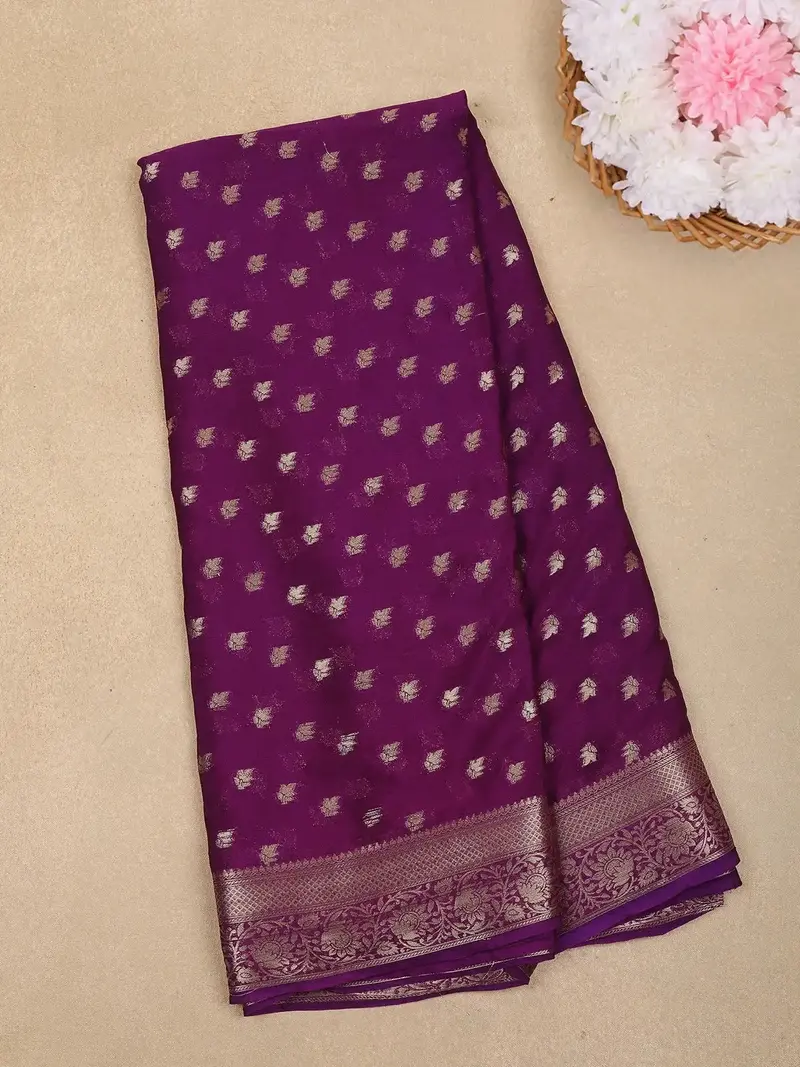 Magenta Purple Leaf Butta Design Chiffon Saree 1