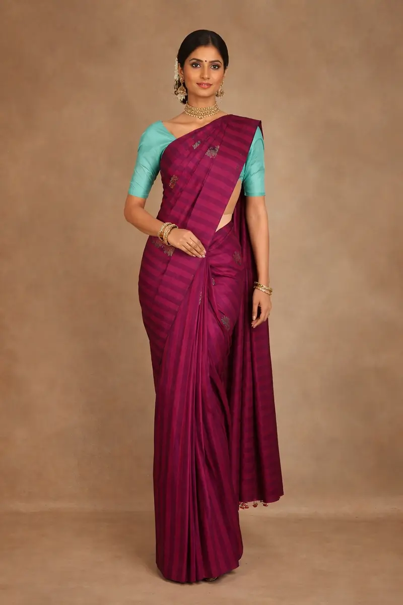Magenta Purple Striped Woven Pure Kanchipuram Silk Saree 1