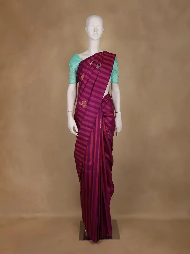 Magenta Purple Striped Woven Pure Kanchipuram Silk Saree 2
