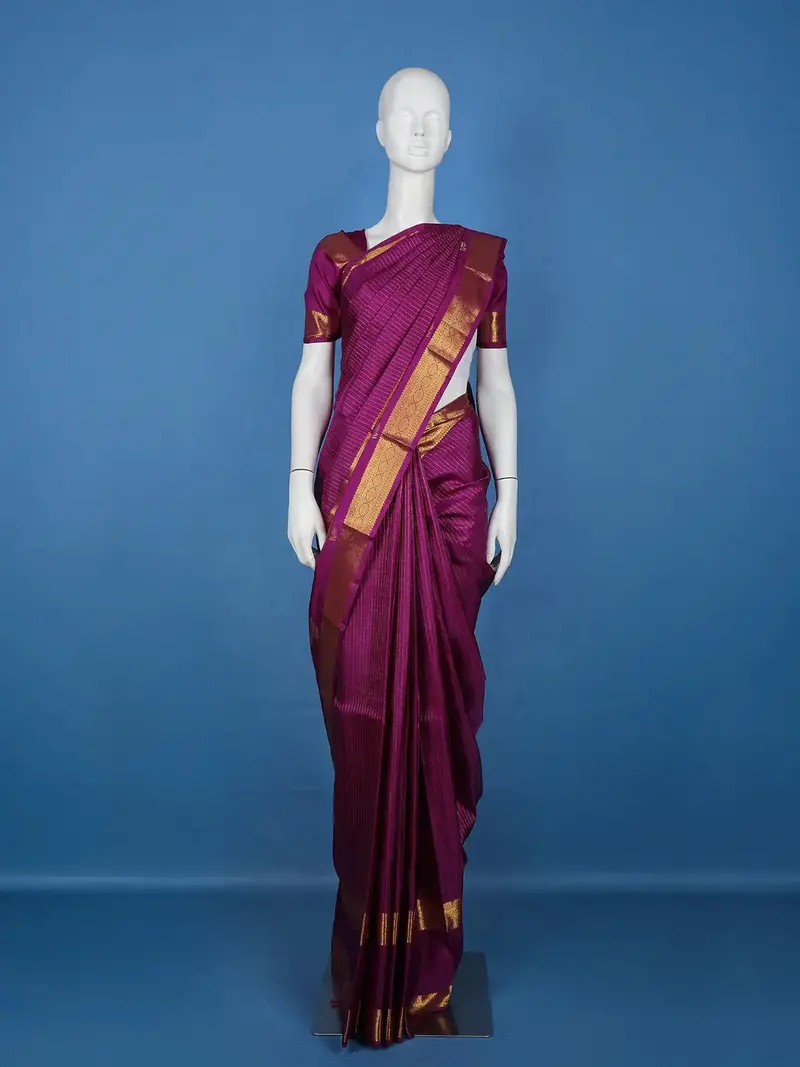 Magenta Striped Woven Kanchipuram Silk Saree 1