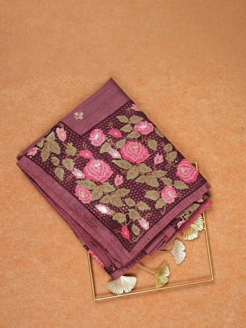 Magenta Tussar Silk Saree With Floral Designs On The Body And With Designed Border 1