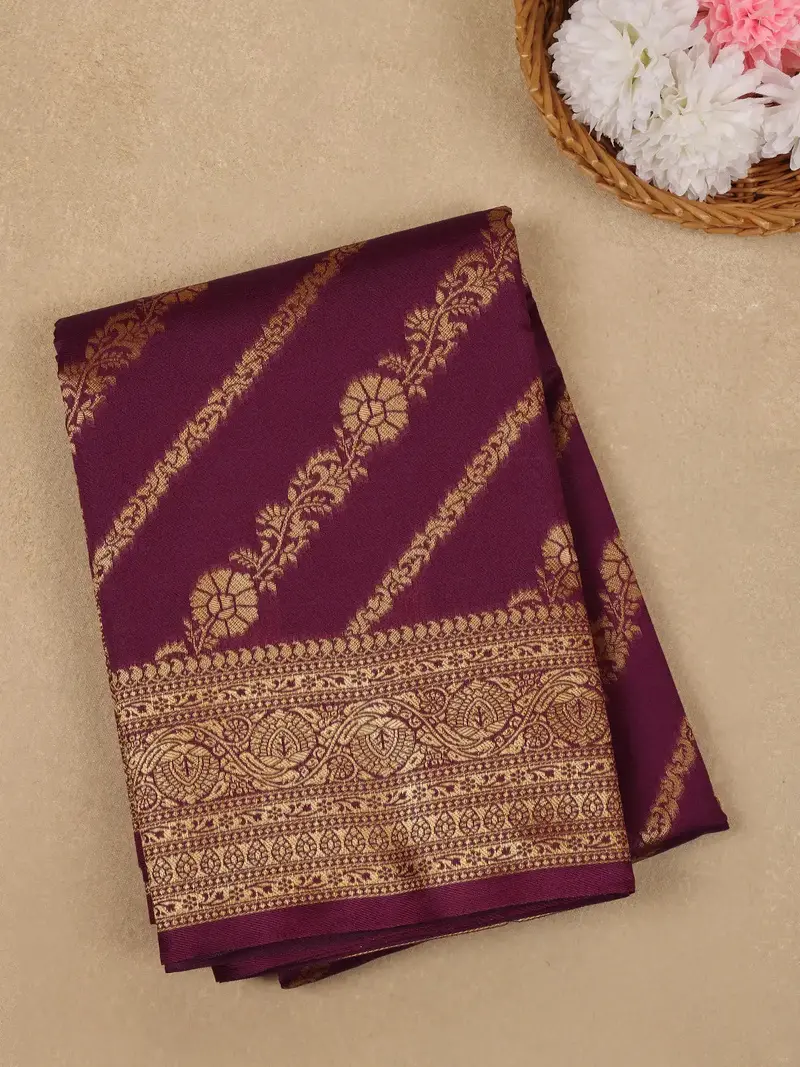Magenta Wine Floral Design Silk Saree 1