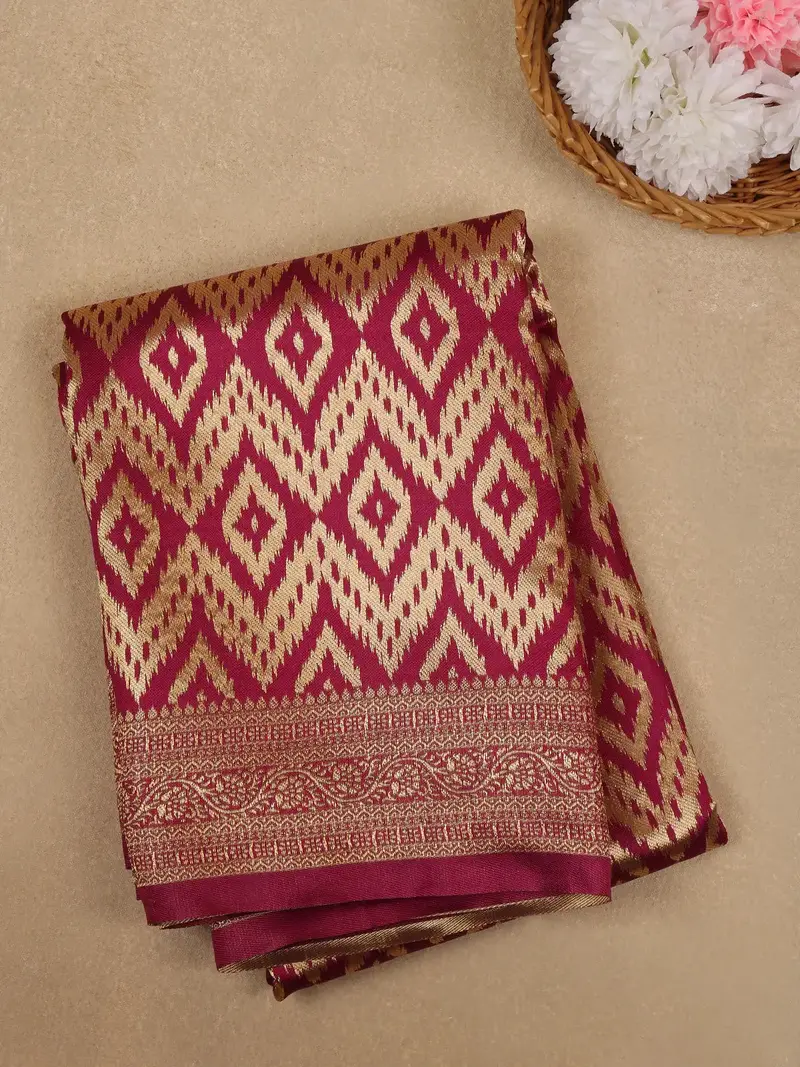 Magenta Wine Geometric Ikat Design Silk Saree 1