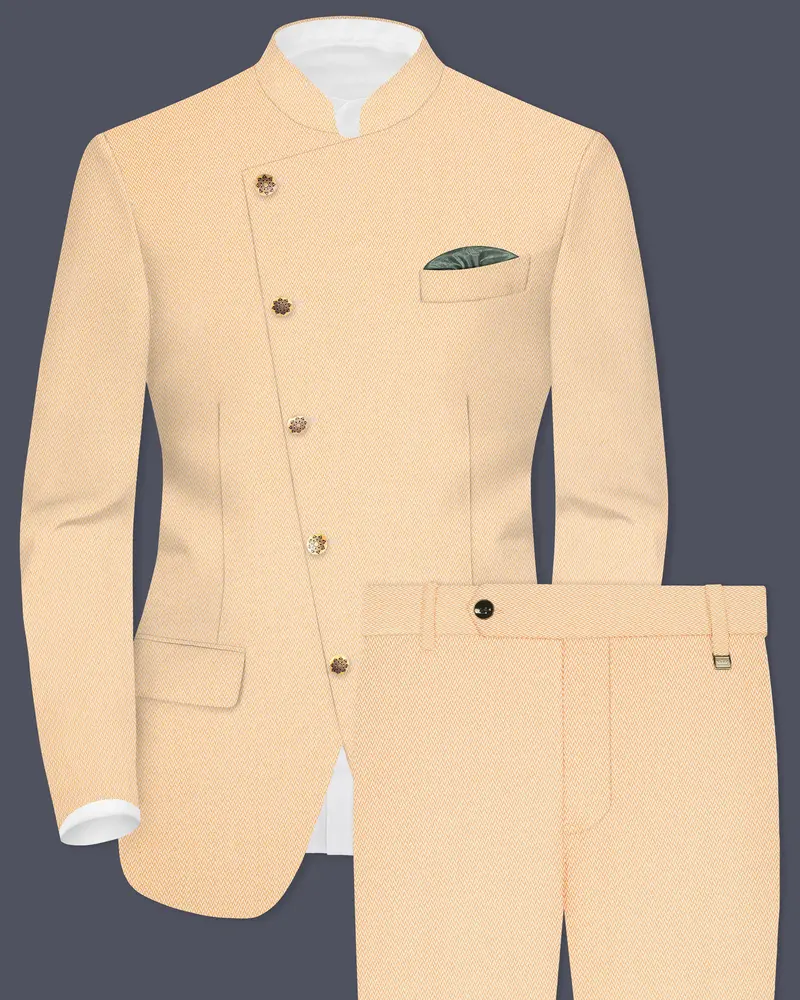 Maize Chevron Textured Cross Placket Bandhgala Designer Suit 1