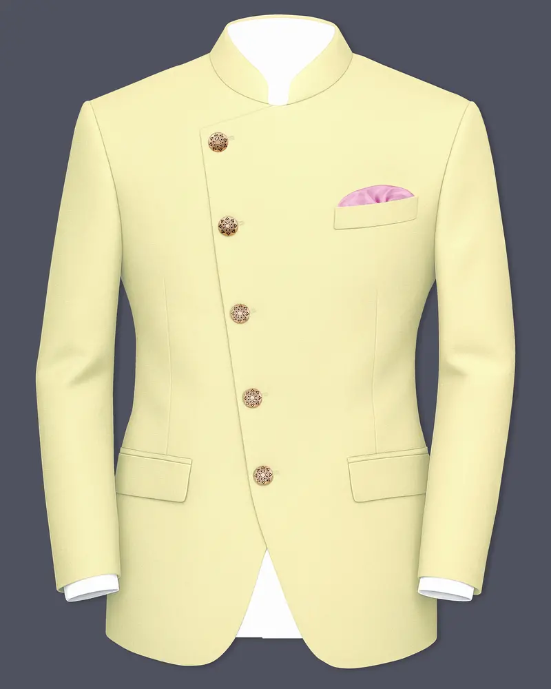 Maize Cream Cross Placket Bandhgala Premium Cotton Stretchable Traveler Blazer 1